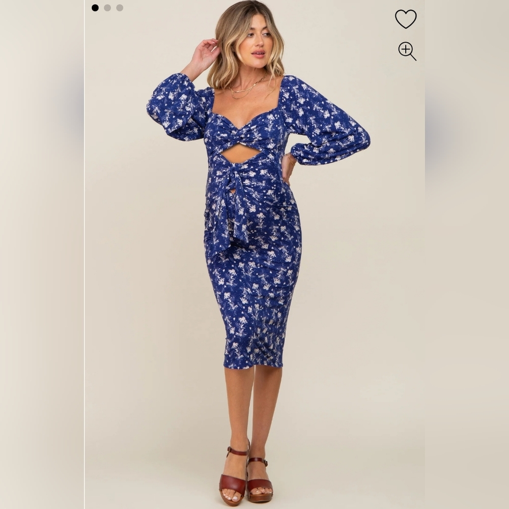 Navy Blue Floral Front Cutout Maternity Midi Dress
